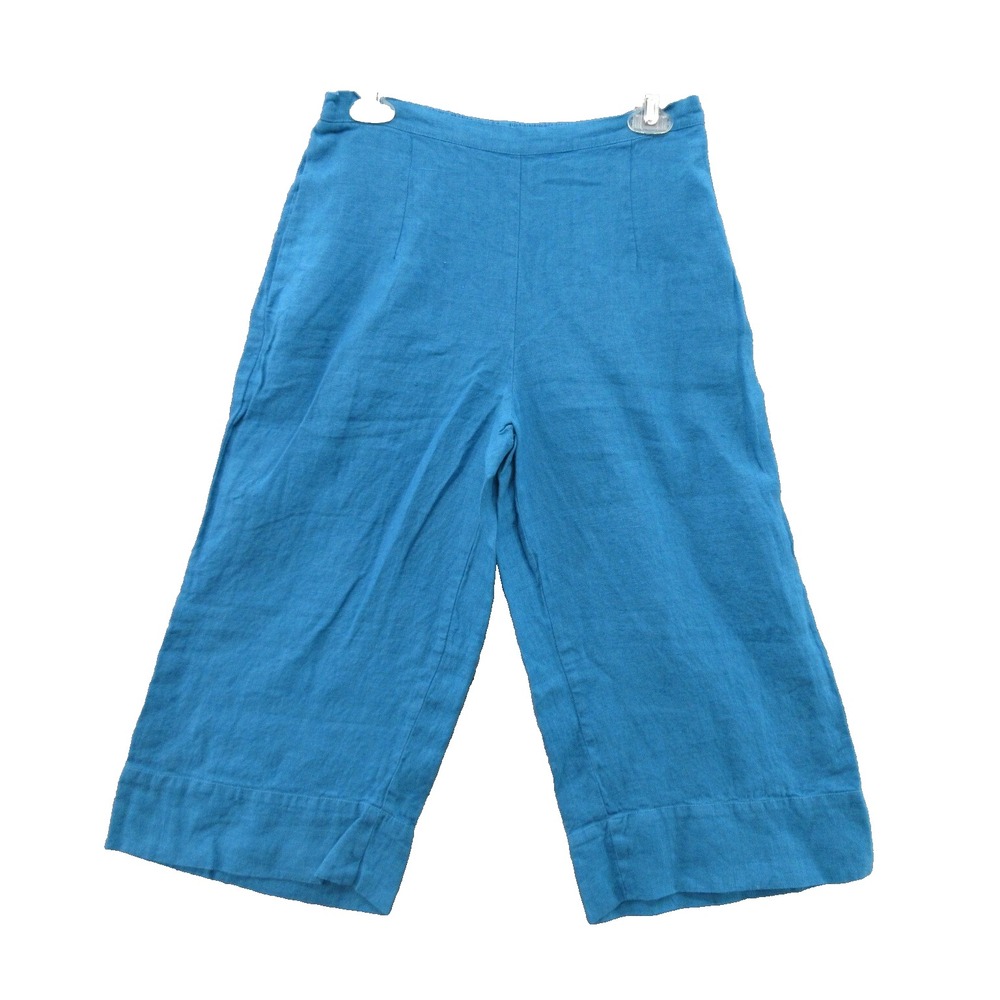 FLAX Designs Linen Pants Small Blue Elastic Waist Pull-On With Pockets